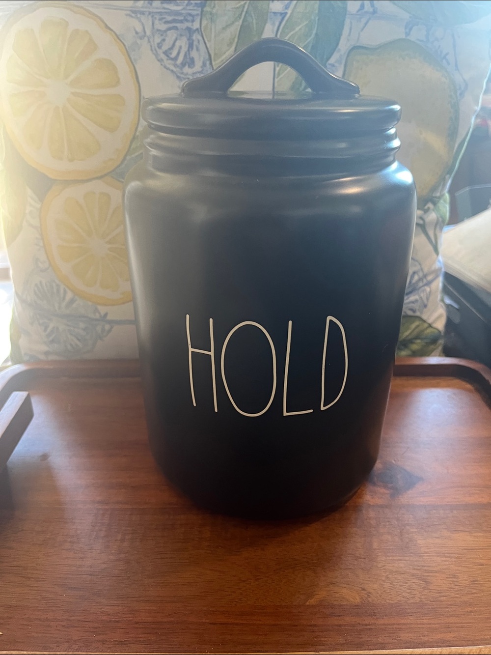 Rae Dunn Black Ceramic Canister with WHITE 'HOLD' Lettering